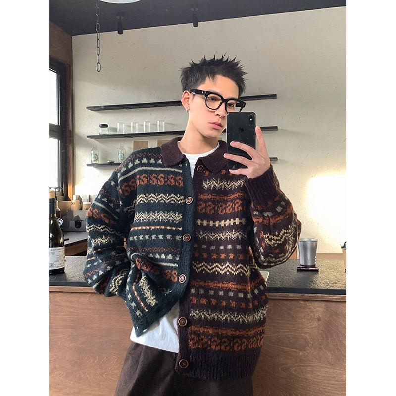 Contrast Pattern Knit Buttoned Cardigan