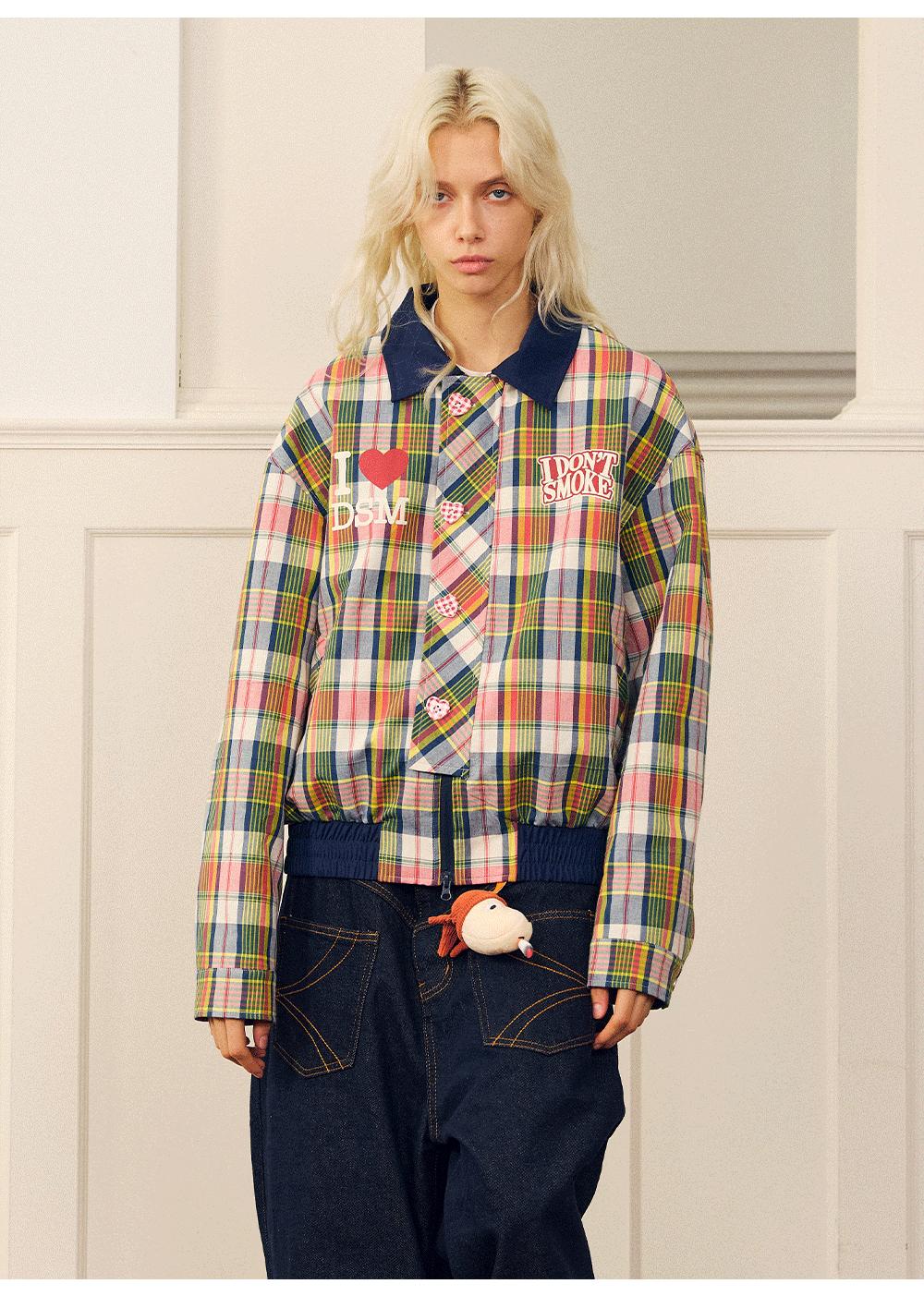 Plaid Pattern Heart Buttoned Jacket