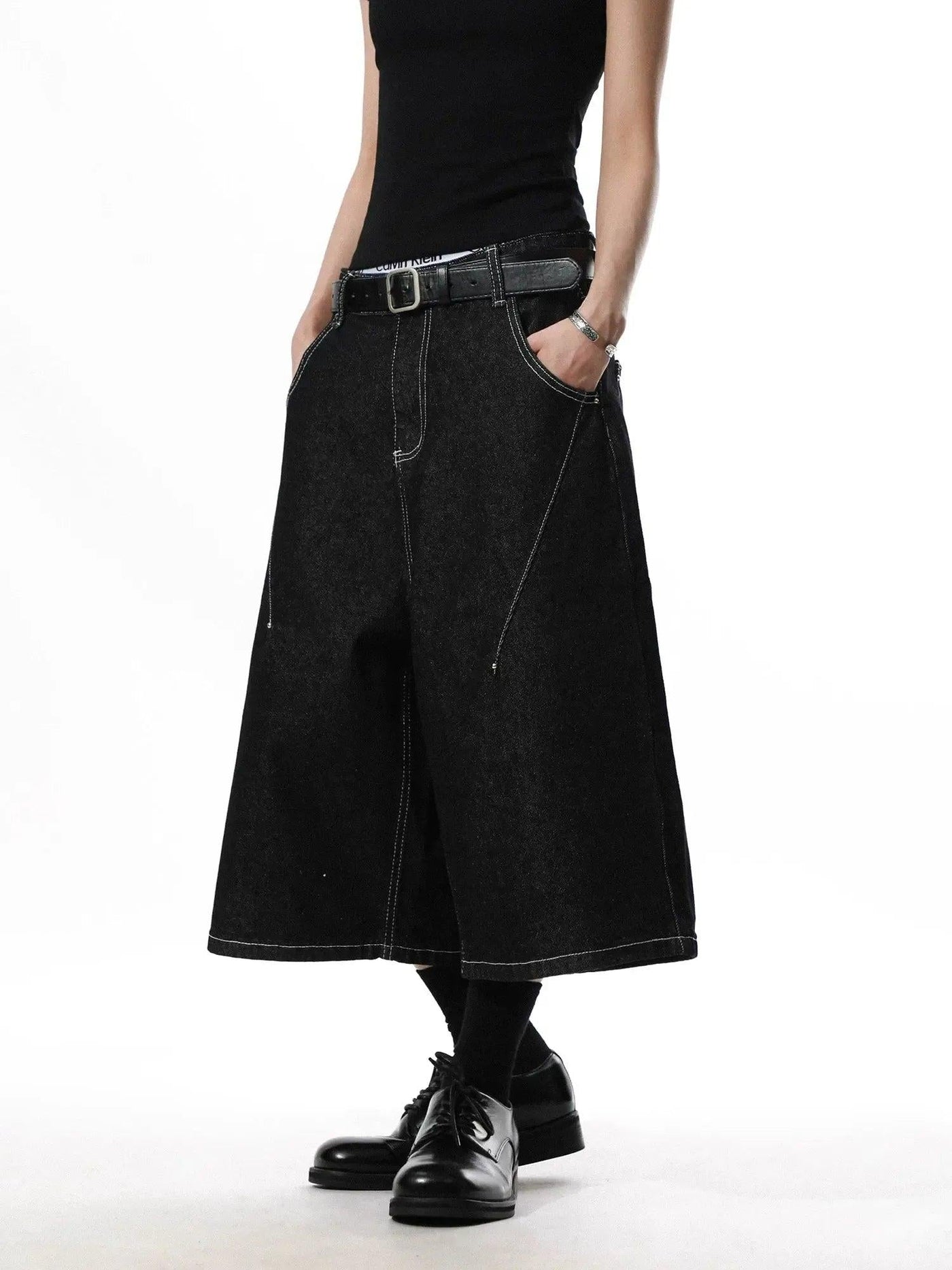 Wash Contrast Stitch Wide Denim Shorts