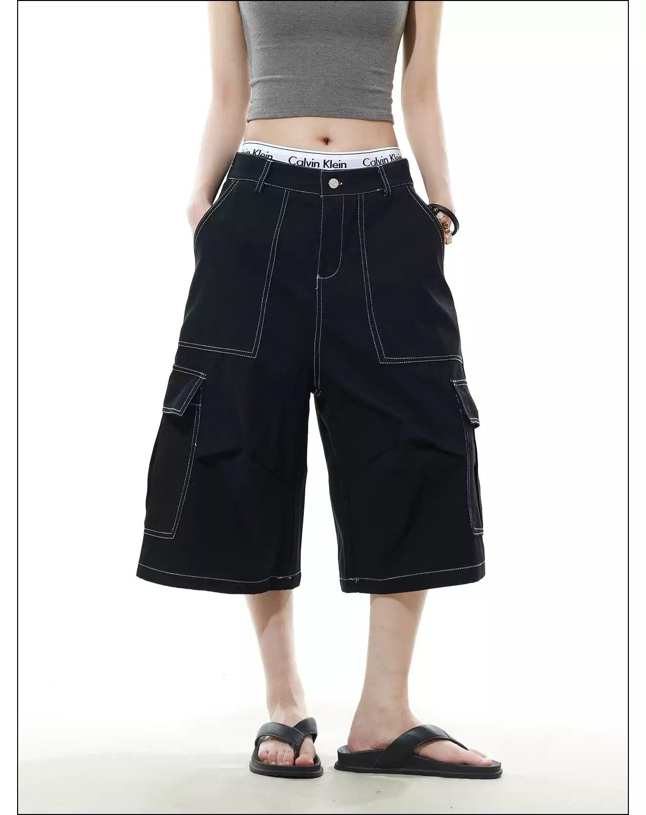 Contrast Stitched Denim Shorts