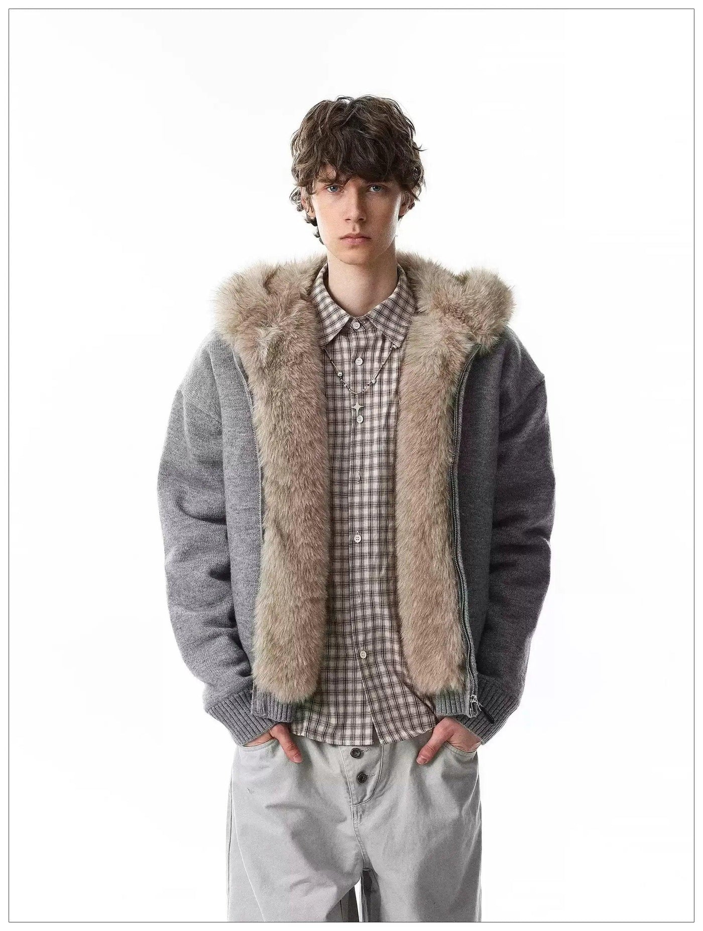 Faux Fur Lined Hooded Knit Jacket