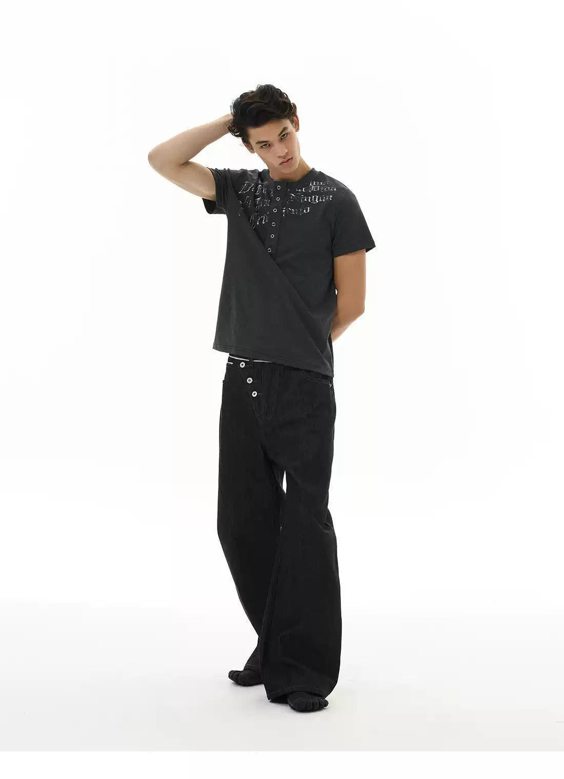 Text Print Henley Collar T-Shirt