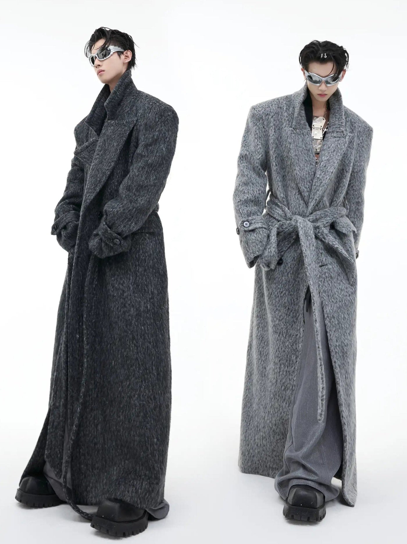 Wide Shoulder Belted Long Coat