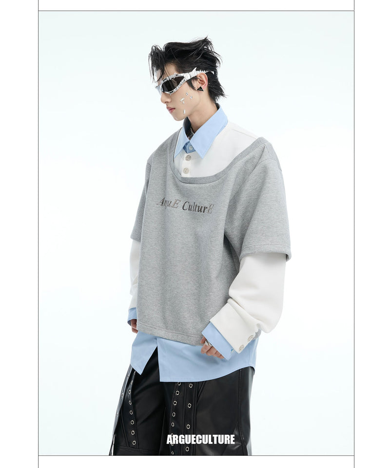 Three-Piece Contrast Collared Long Sleeve T-Shirt