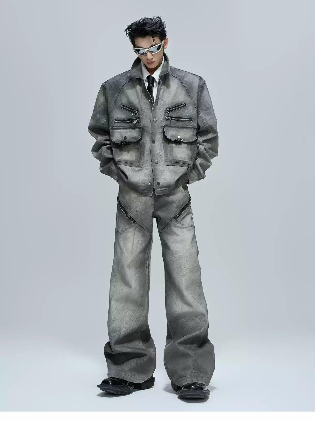 Multi-Zipped Contrast Faded Denim Jacket & Jeans Set