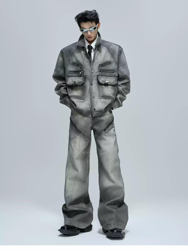 Multi-Zipped Contrast Faded Denim Jacket & Jeans Set