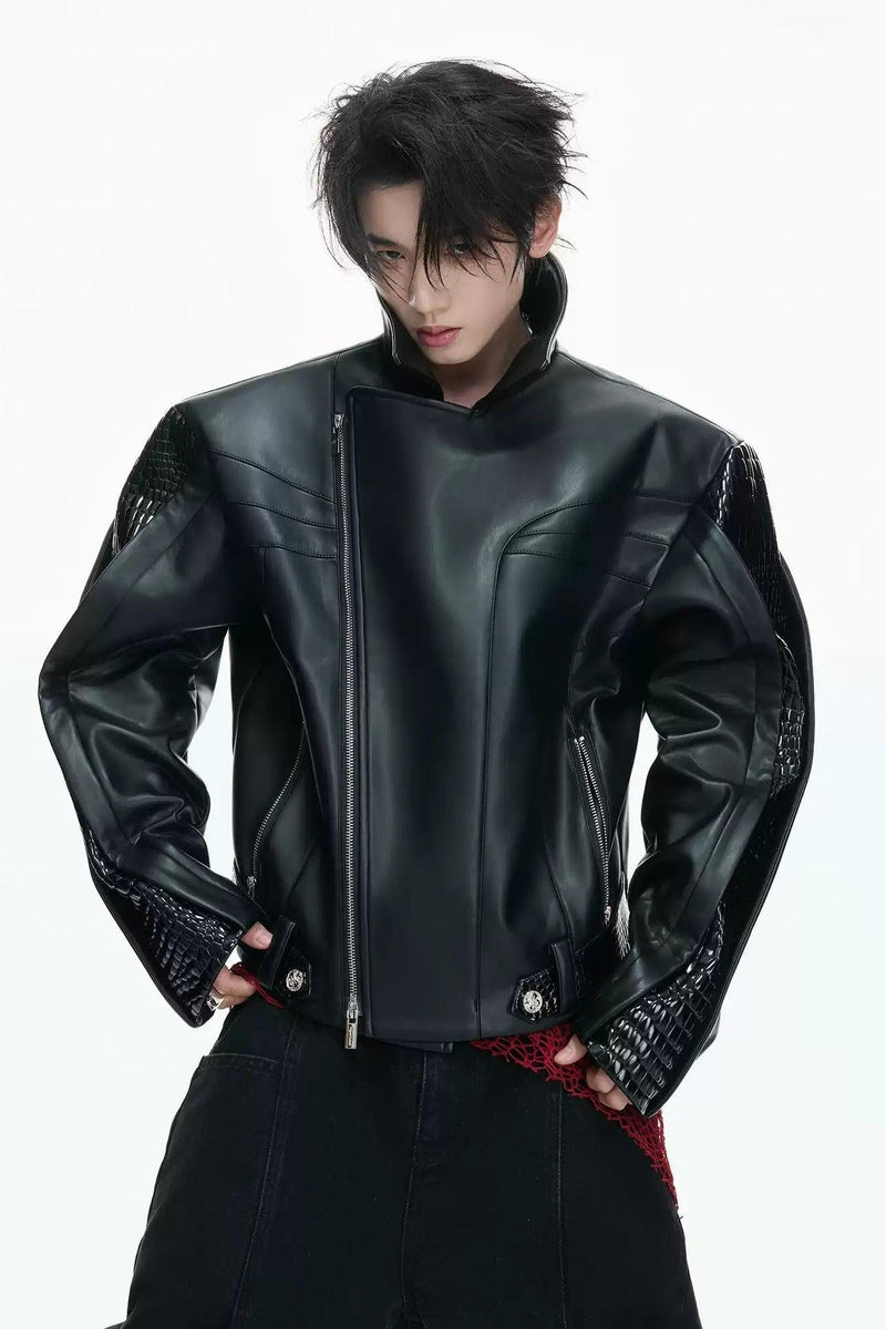 Textured Spliced PU Leather Jacket