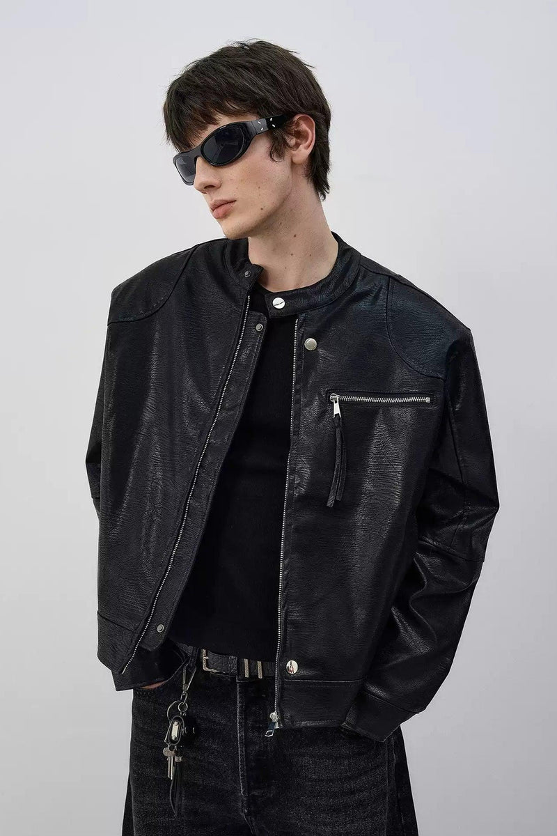 Textured Boxy Fit PU Leather Jacket