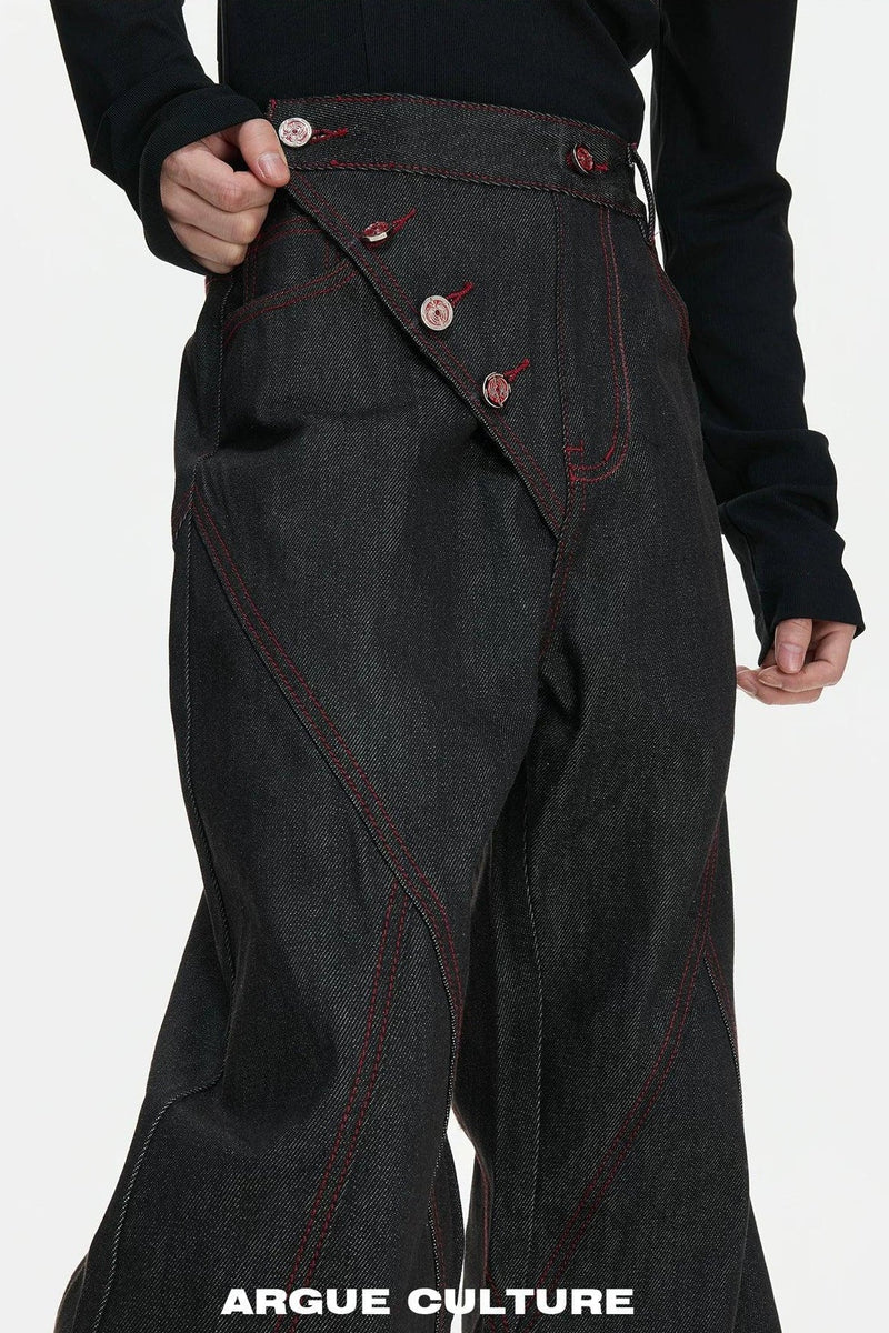 Side Buttoned Contrast Outlined Flared Jeans