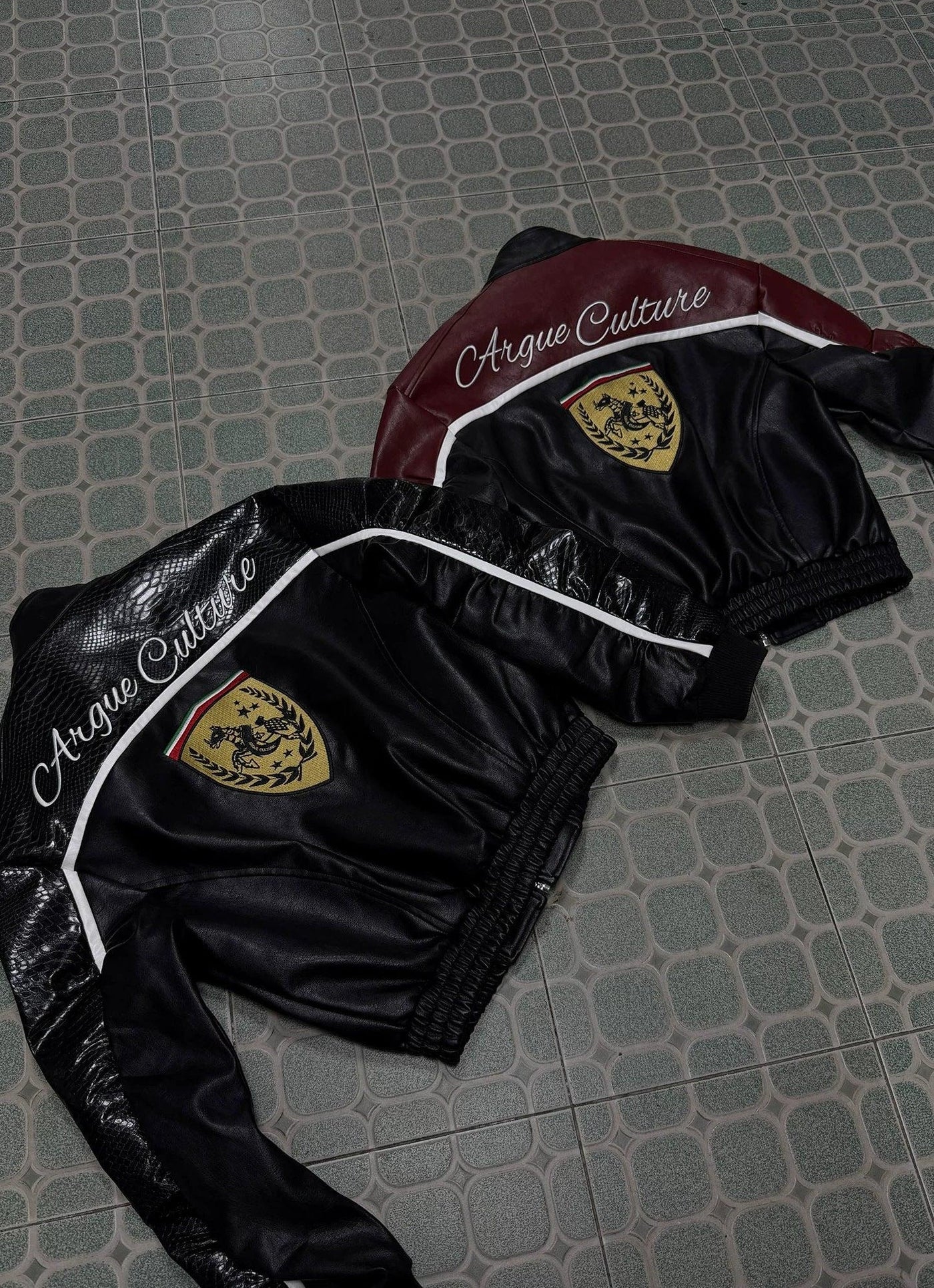 Embroidered Contrast Spliced Faux Leather Jacket