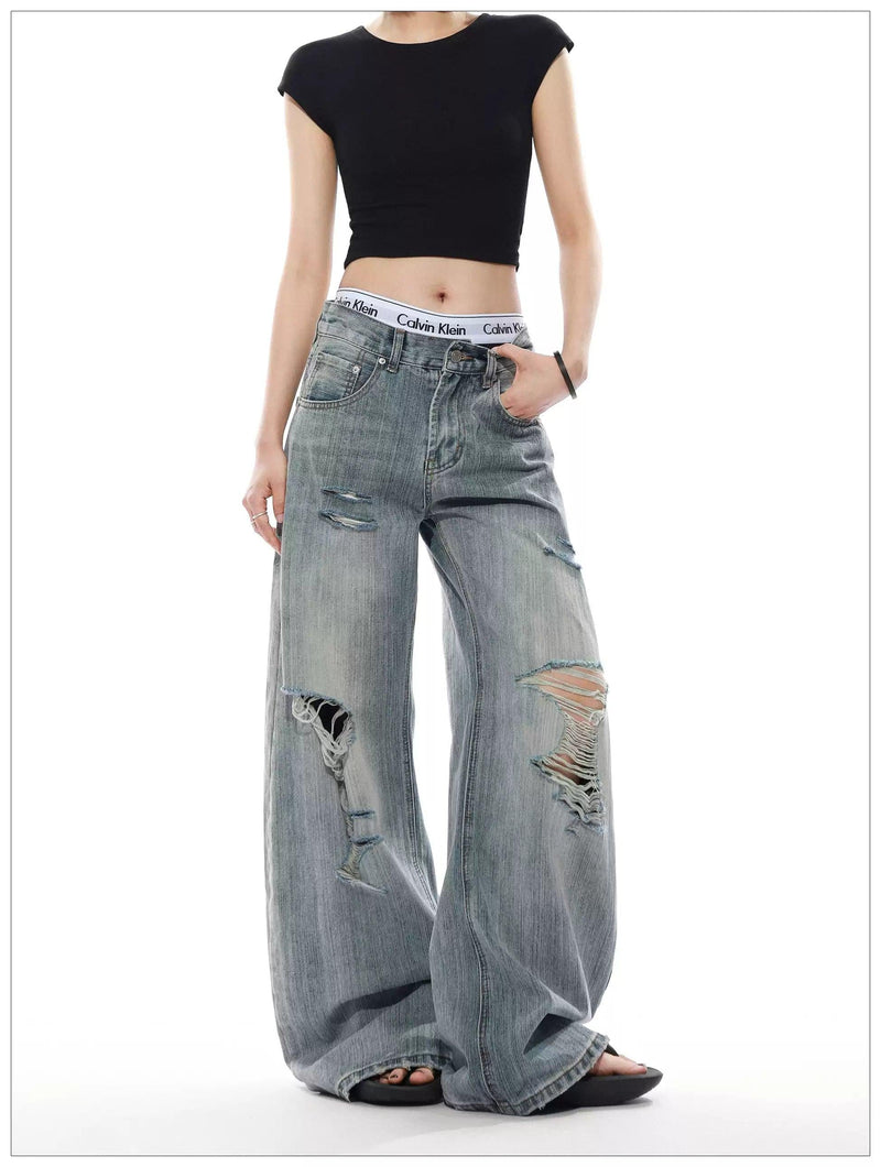 Textured Distressed Wide Jeans