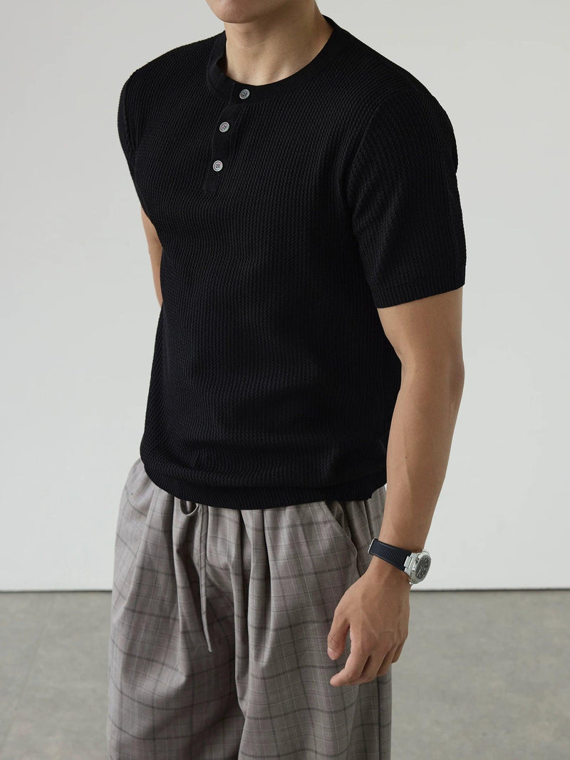 Ribbed Knit Henley T-Shirt