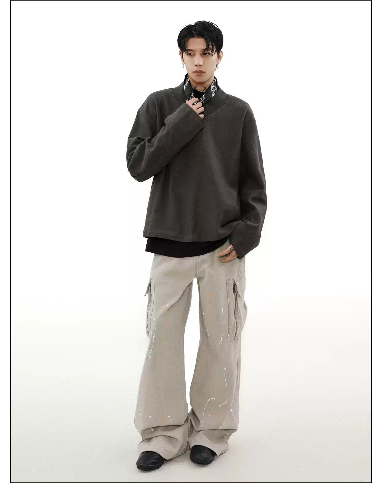 Textured V-Neck Long Sleeve T-Shirt