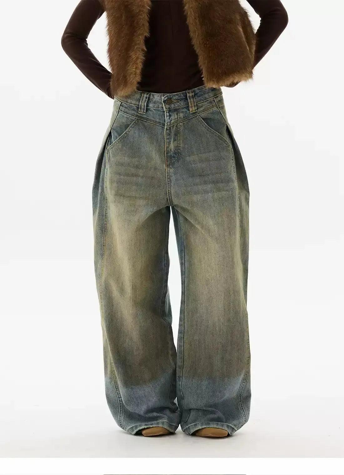 Mud Faded Fold Pleated Jeans