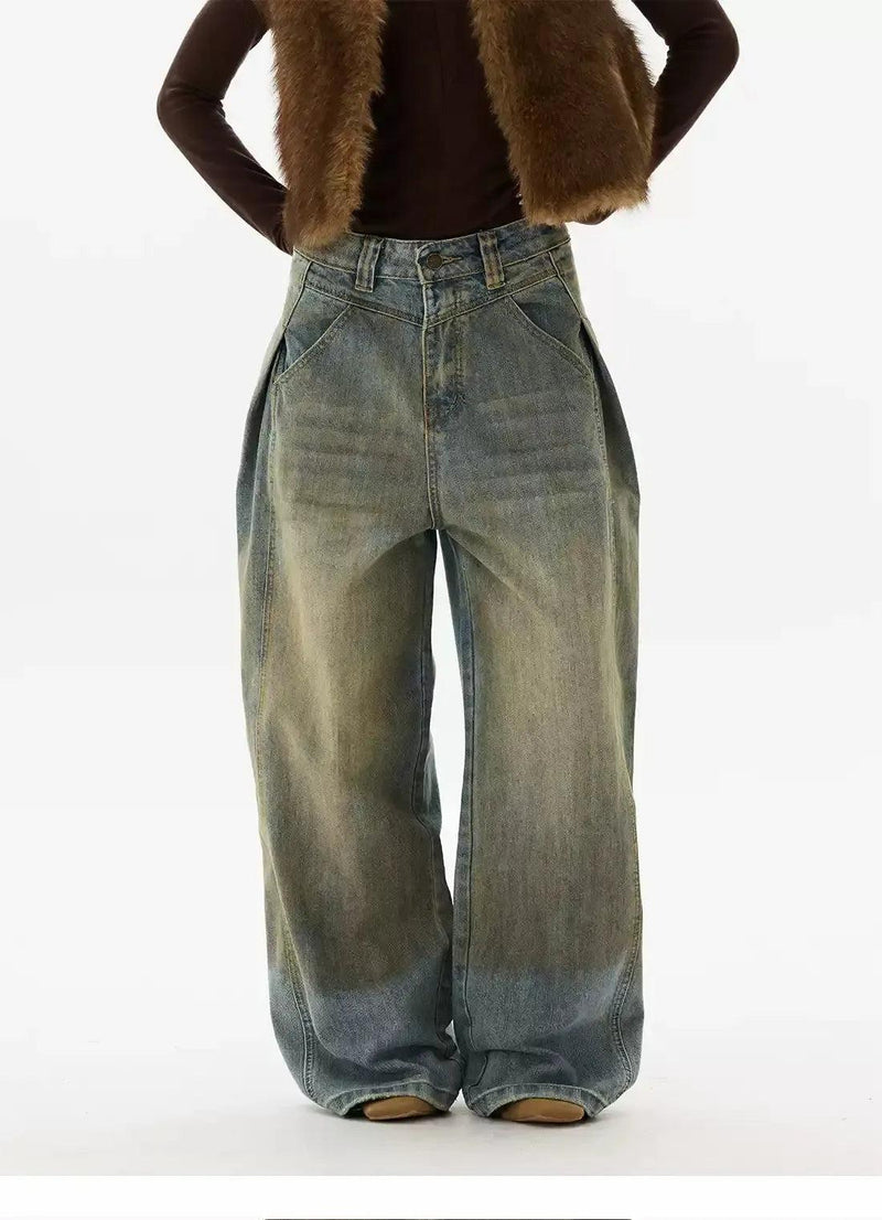 Mud Faded Fold Pleated Jeans