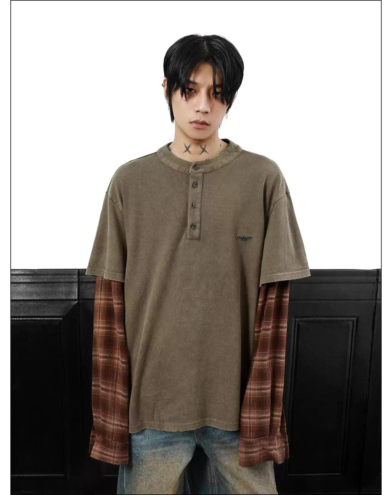 Washed Layered Plaid Long Sleeve T-Shirt