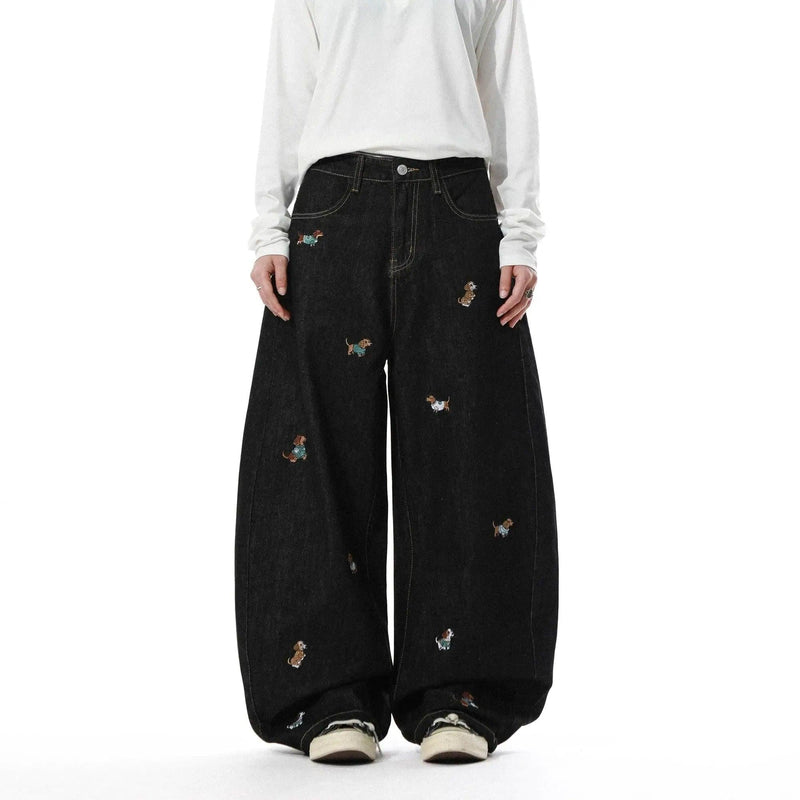 Dog Embroidered Barrel Jeans