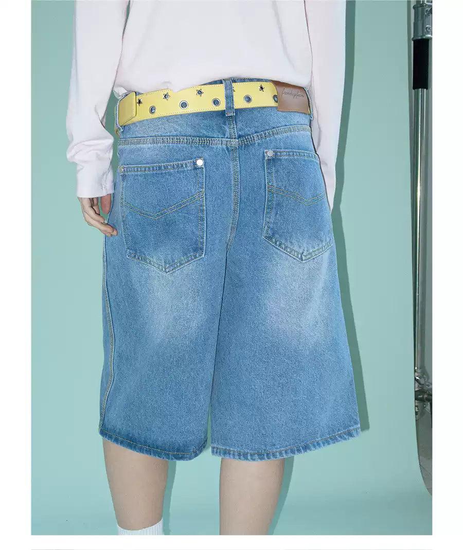 Wide Cut Faded Denim Shorts