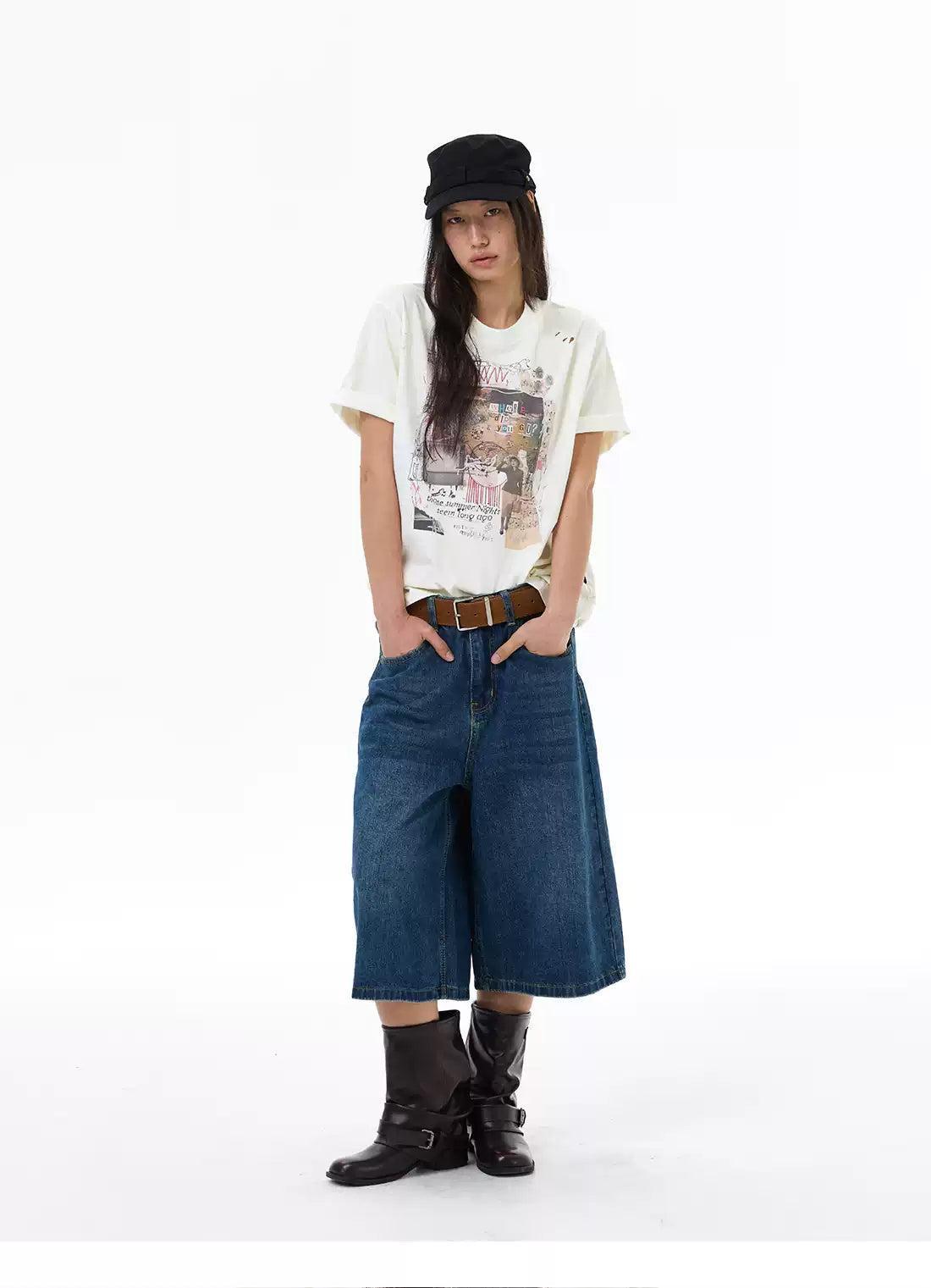 Wide Leg Mid-Length Denim Shorts