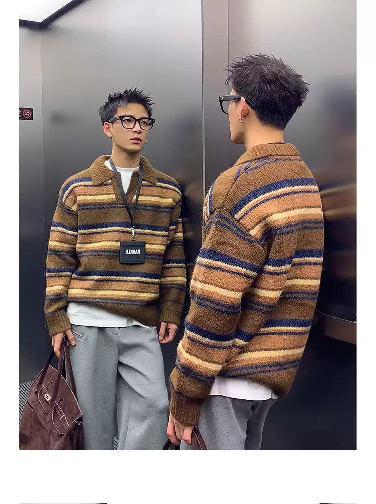 Striped Collared V-Neck Sweater