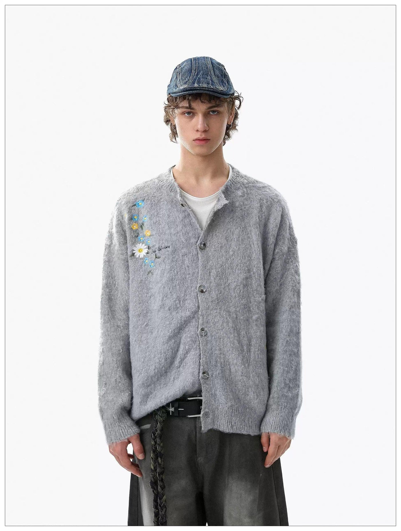 Embroidered Flower Fuzzy Cardigan