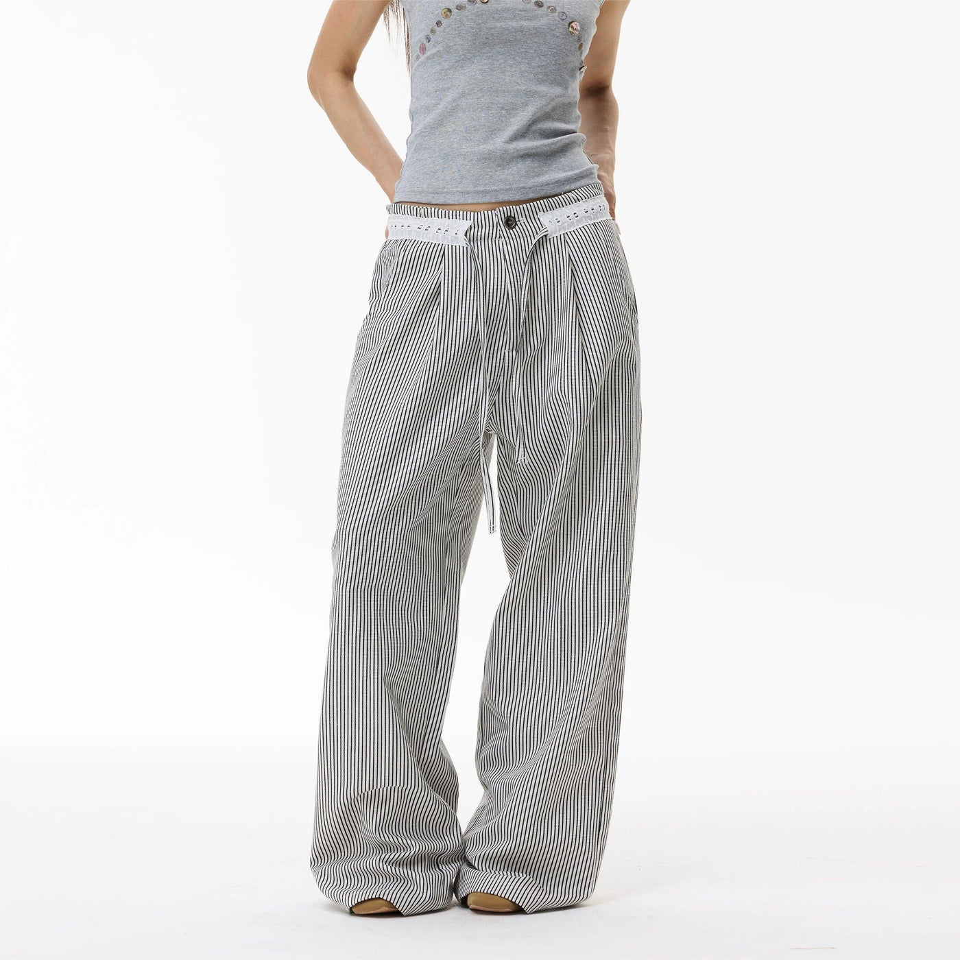Drawstring Wide Leg Striped Pants