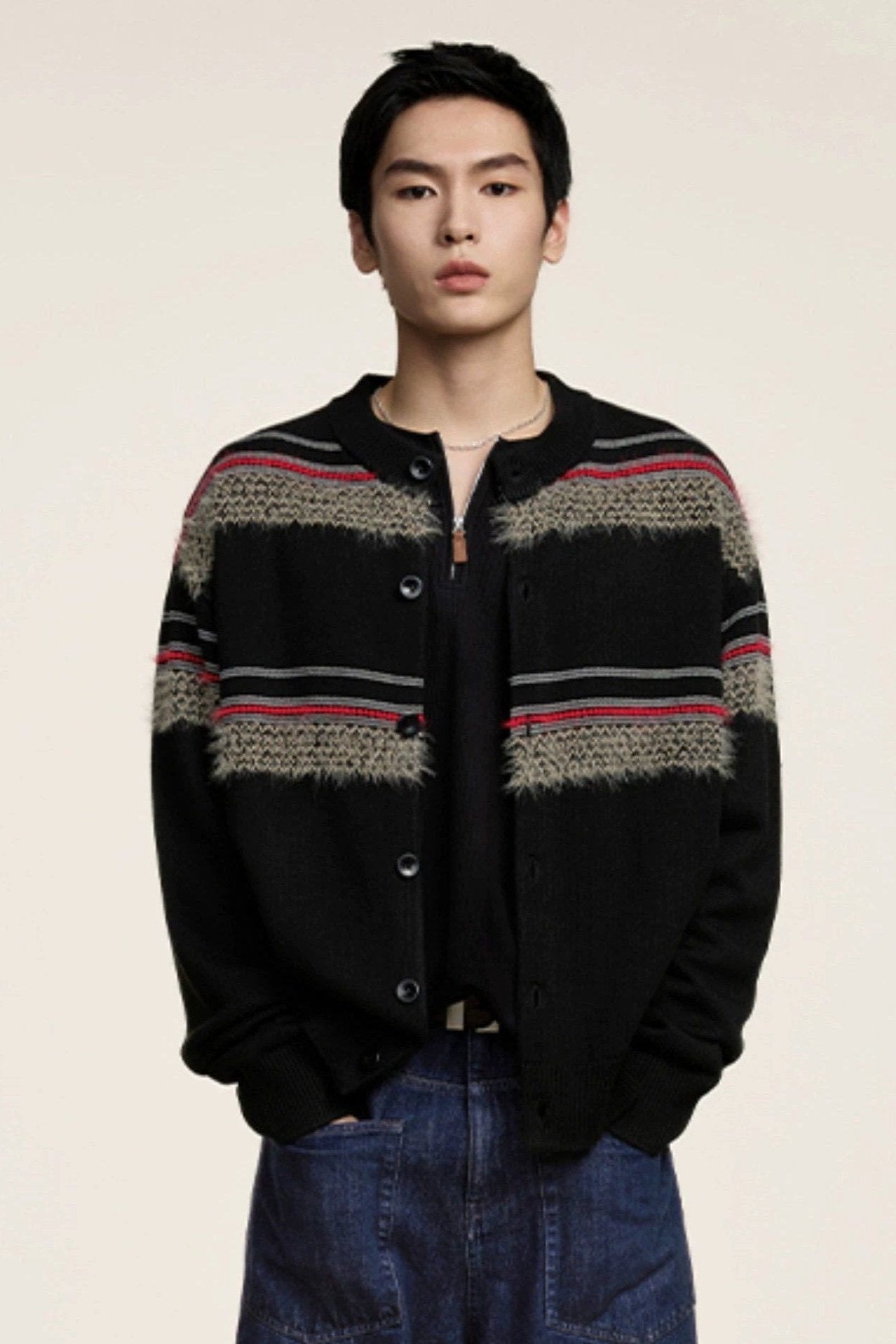 Pattern Blocks Buttoned Knit Cardigan