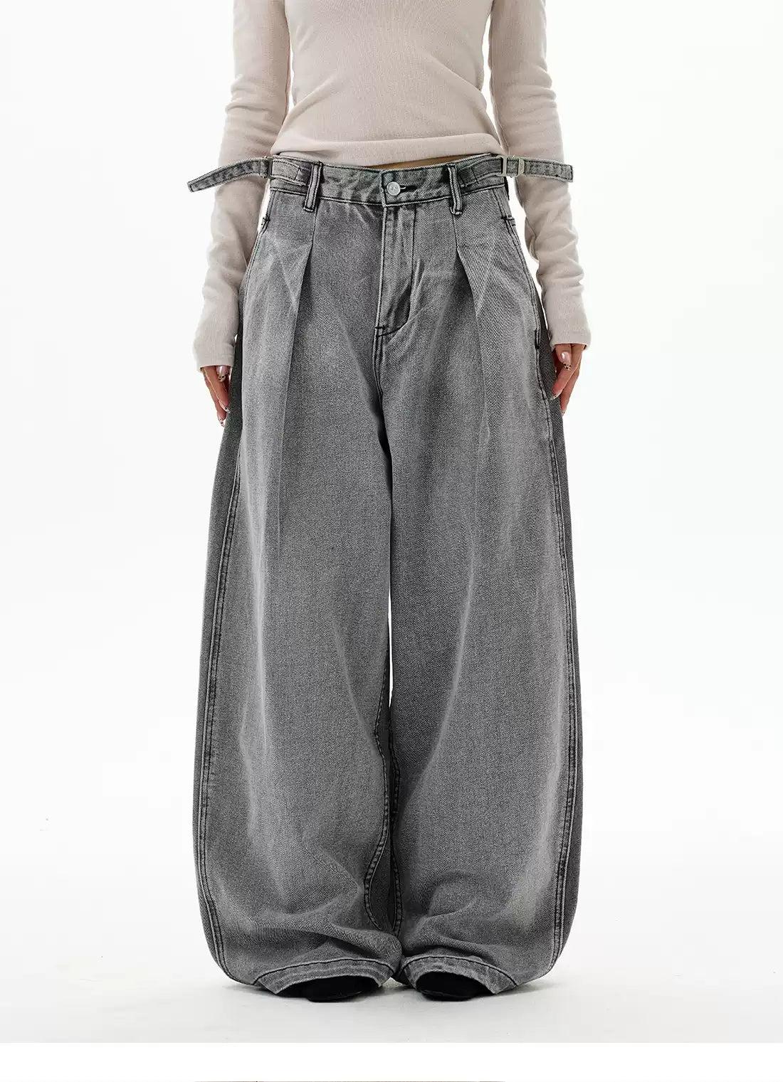 Waist Strap Pleated Loose Jeans
