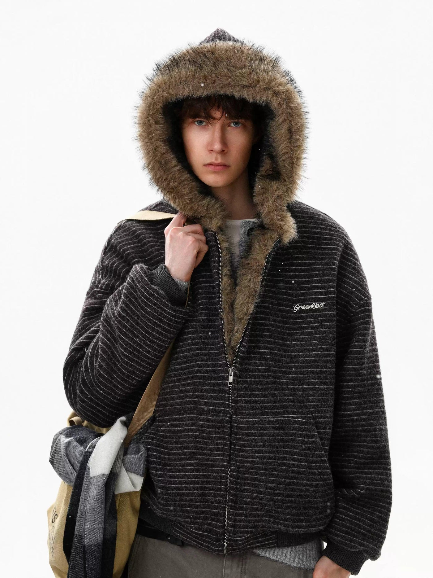 Striped Faux Fur Hood Jacket