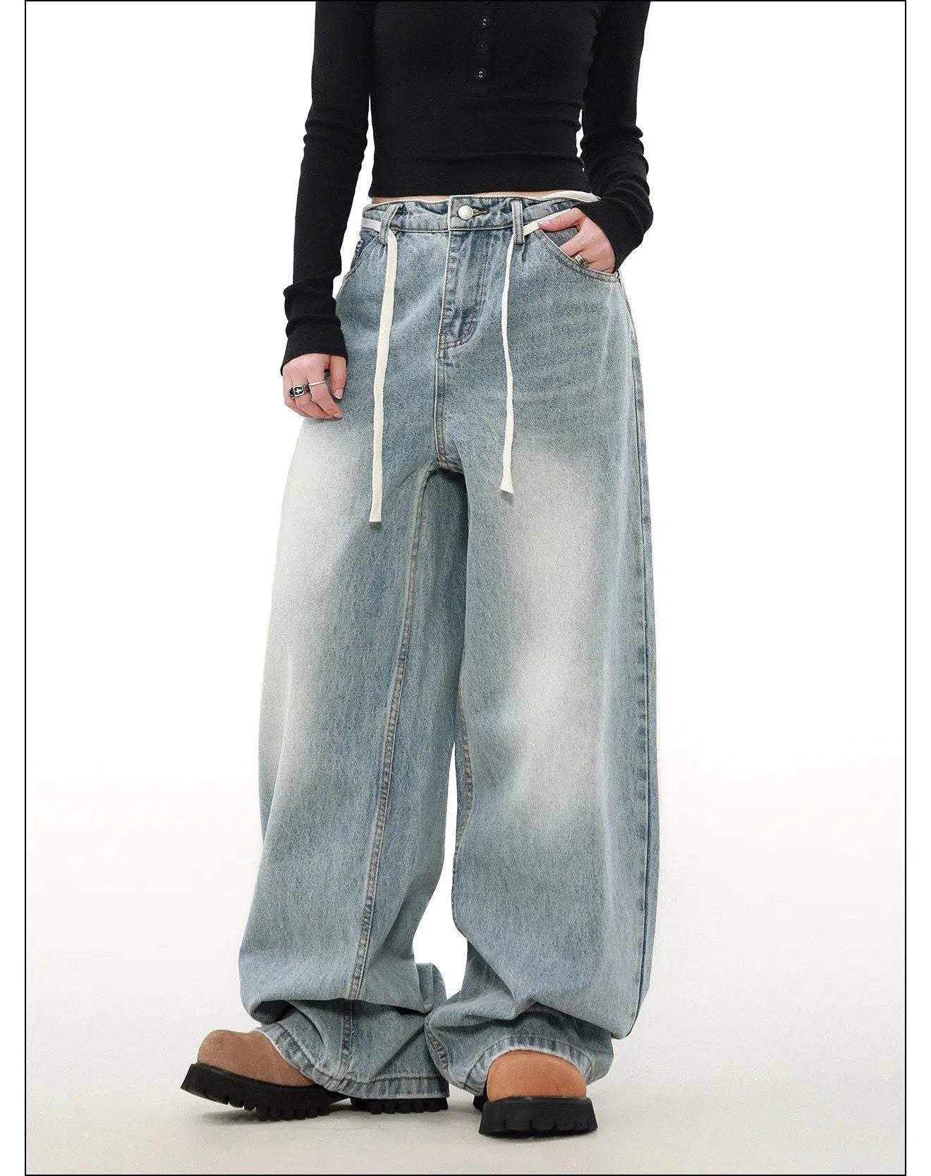 Washed Waist String Jeans