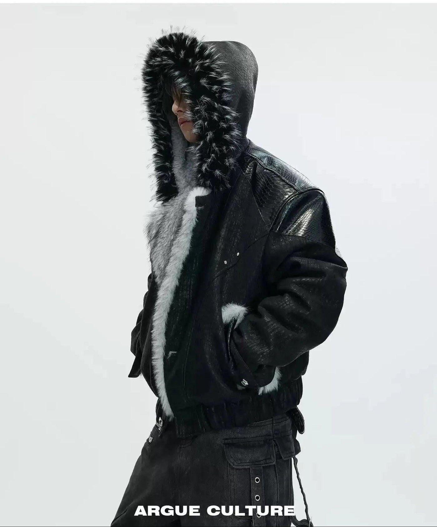 Faux Fur Hood Textured Spliced Jacket
