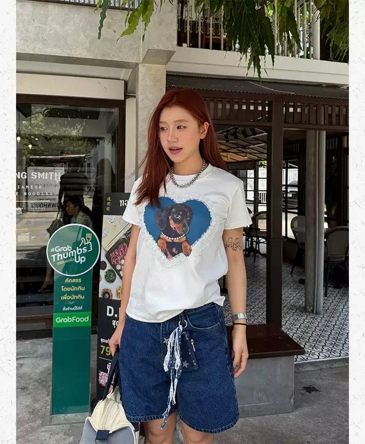 Laced Heart Dog Graphic Print T-Shirt