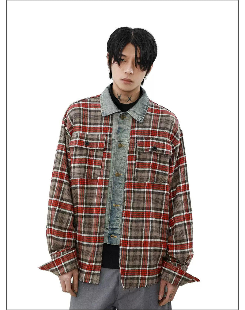 Spliced Denim Plaid Shirt