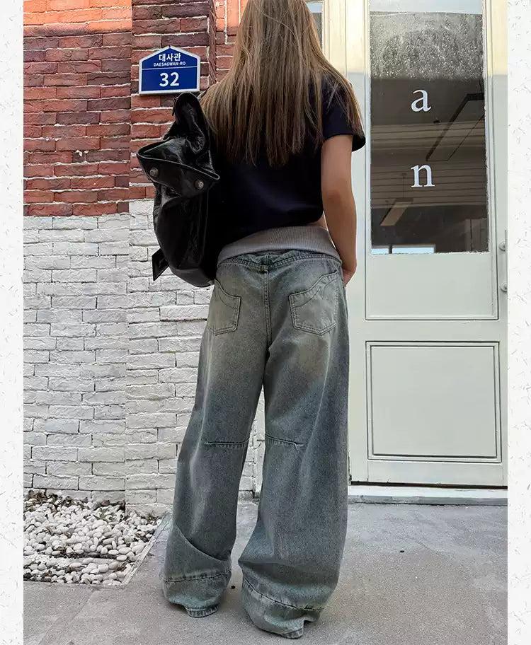 Contrast Ribbed Waist Faded Structured Jeans