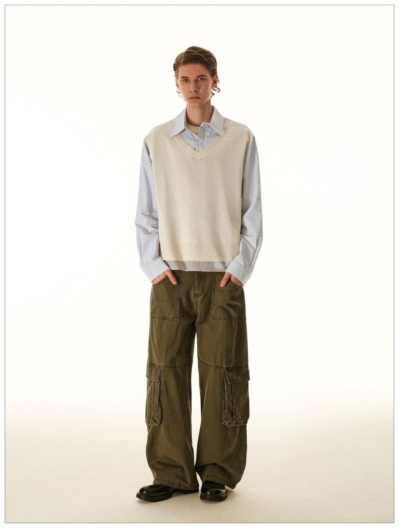Knit Vest Layered Striped Shirt