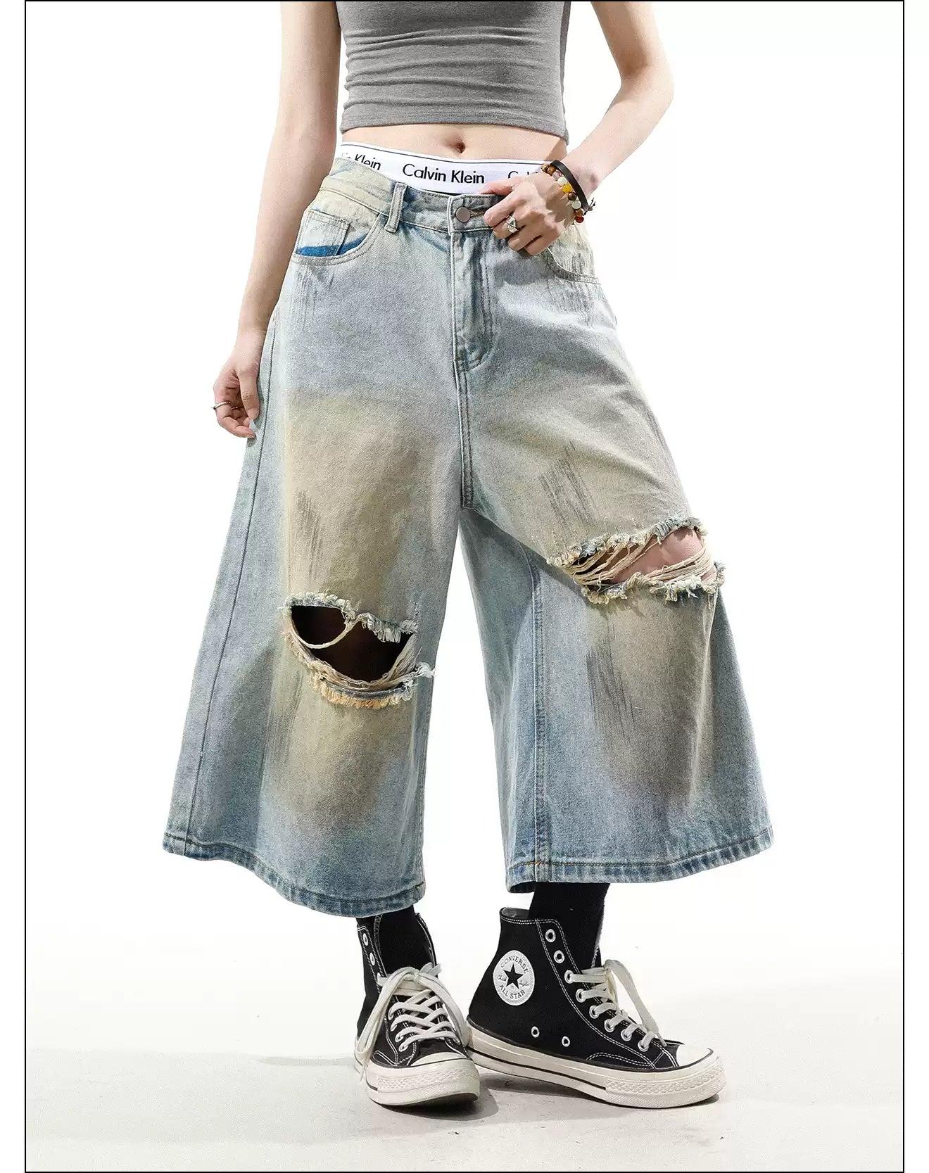 Stone Washed Ripped Denim Shorts
