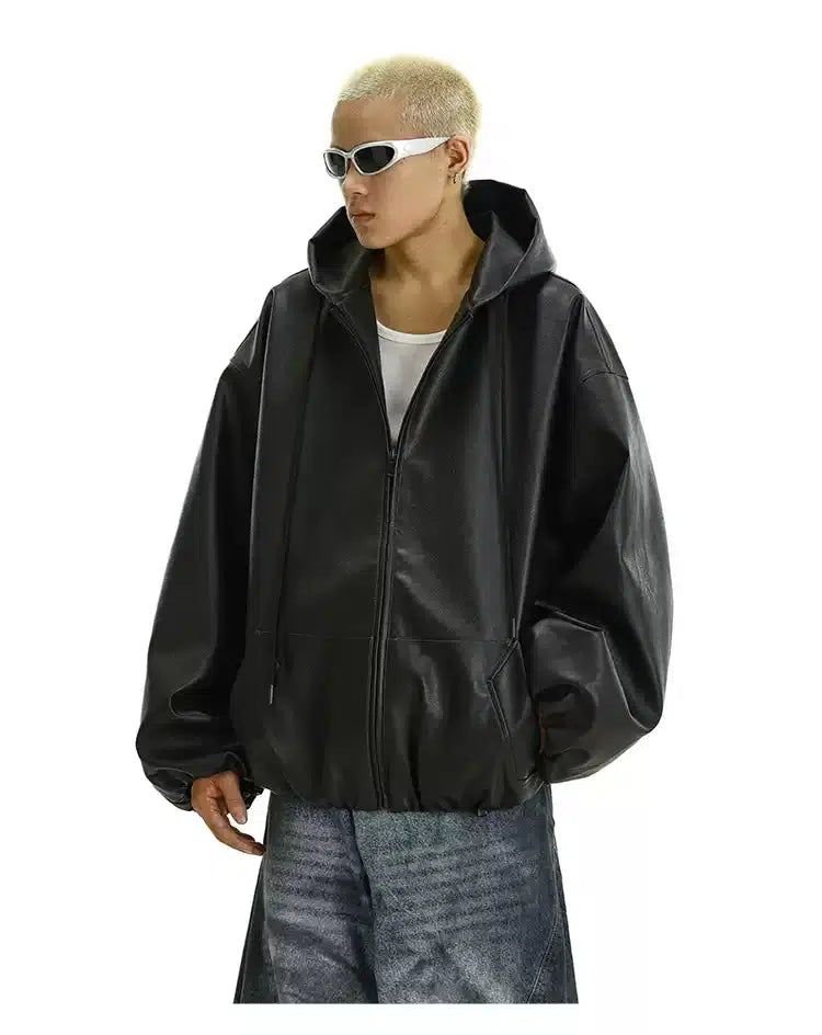 Solid Hooded PU Leather Jacket