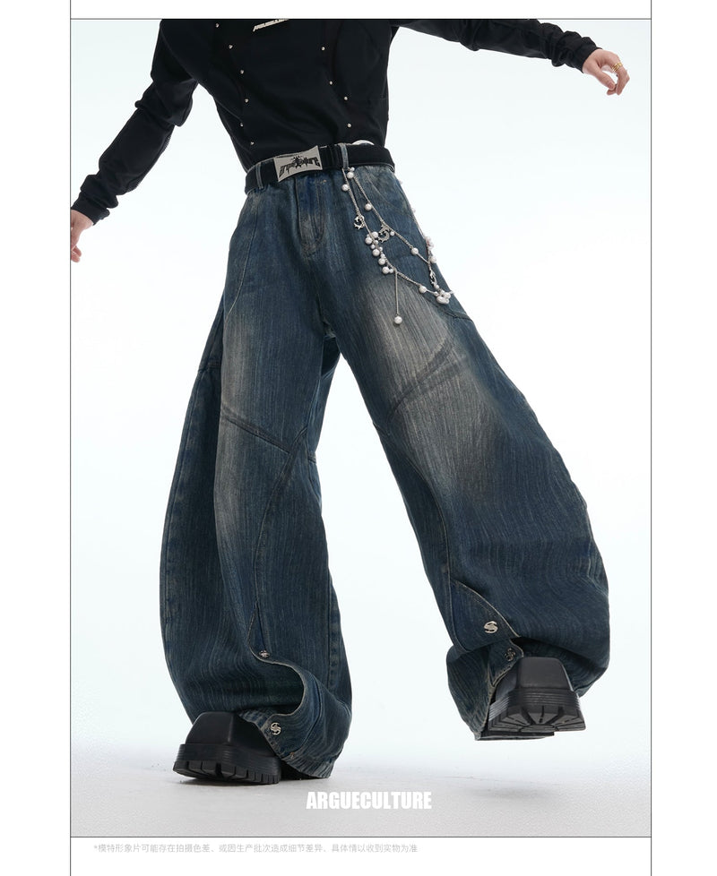 Heavy Wash Pearl Detail Wide Jeans