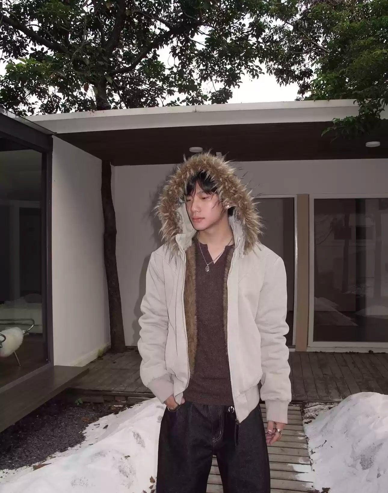 Fur-Lined Ribbed Hem Hooded Jacket