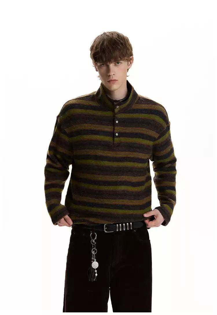 Textured Striped Half-Buttoned Mockneck