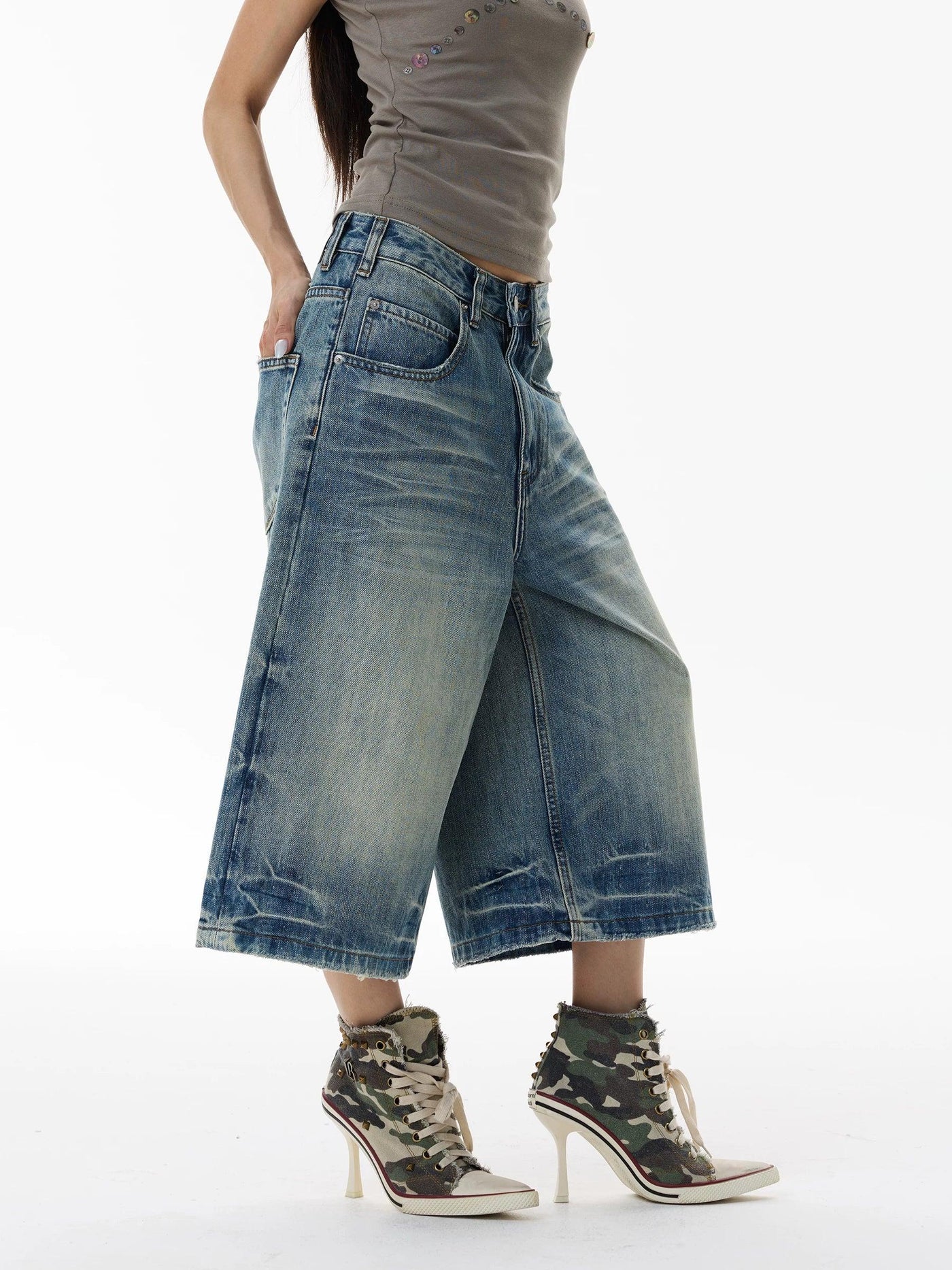 Distressed Wide Leg Denim Shorts