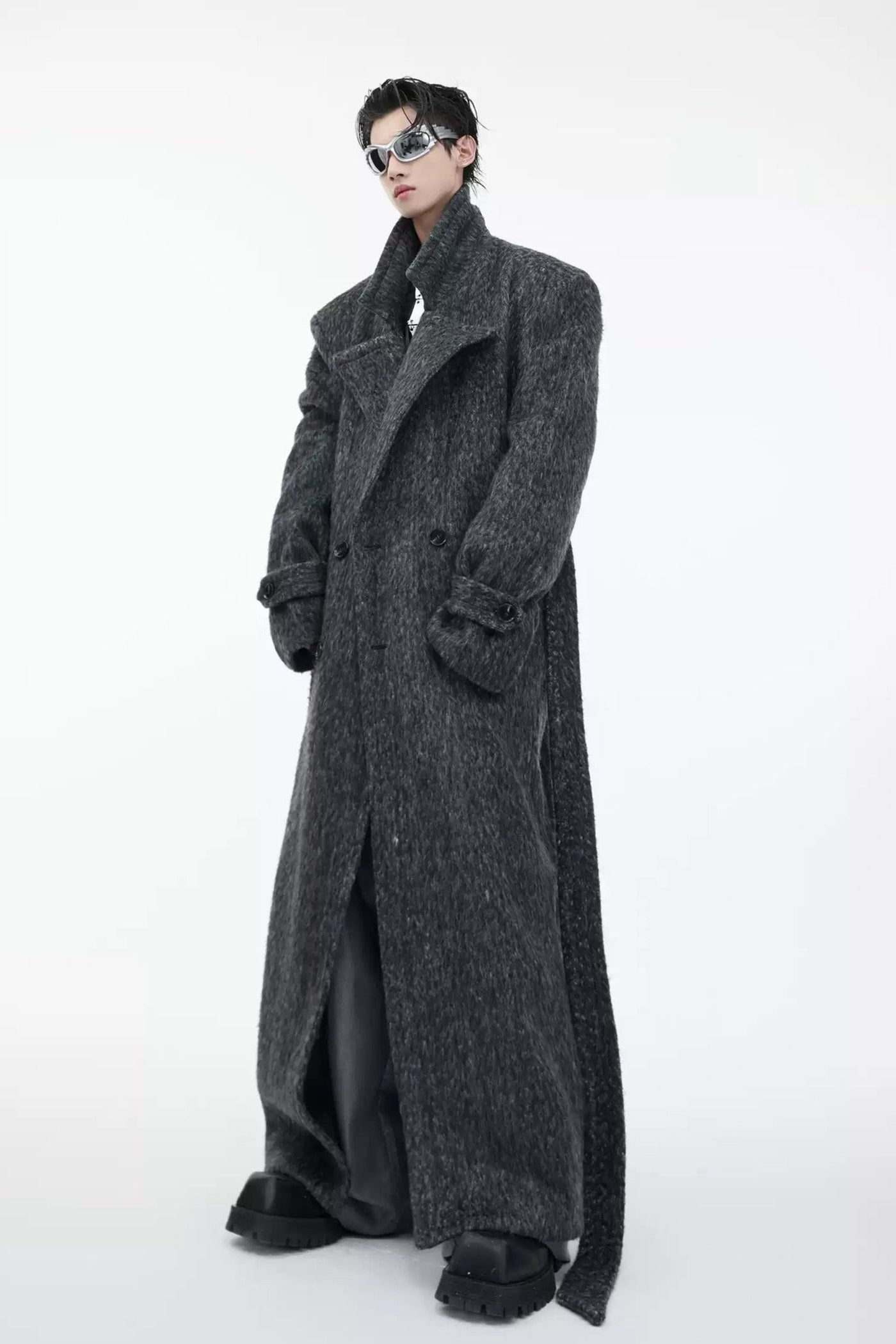 Wide Shoulder Belted Long Coat