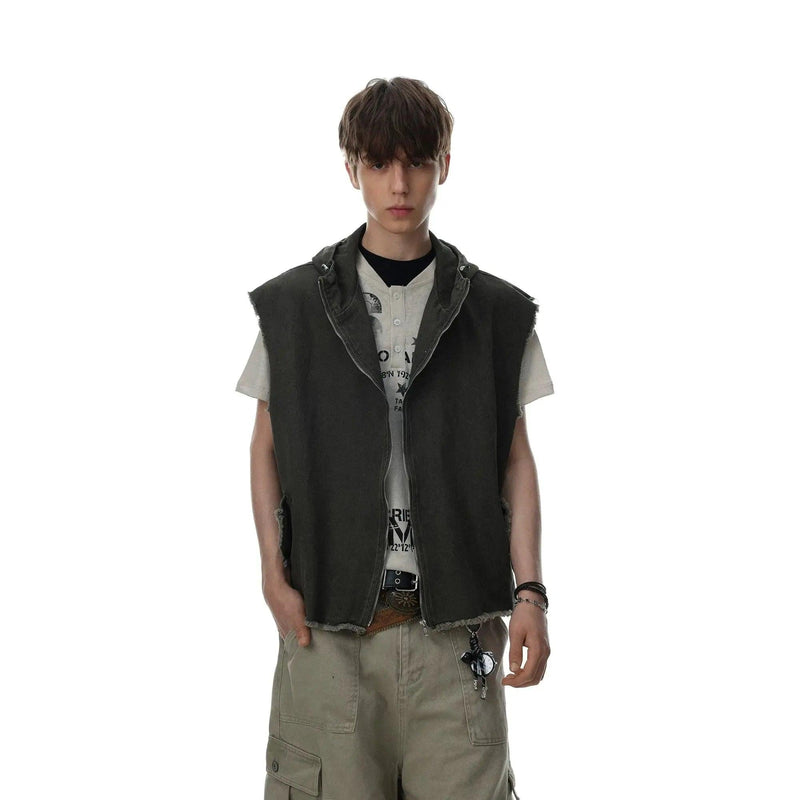 Grunged Frayed Hooded Vest