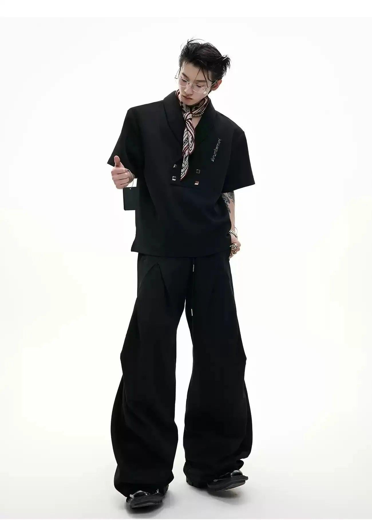 Metal Embellished Shoulder Pad T-Shirt & Pleated Sweatpants Set