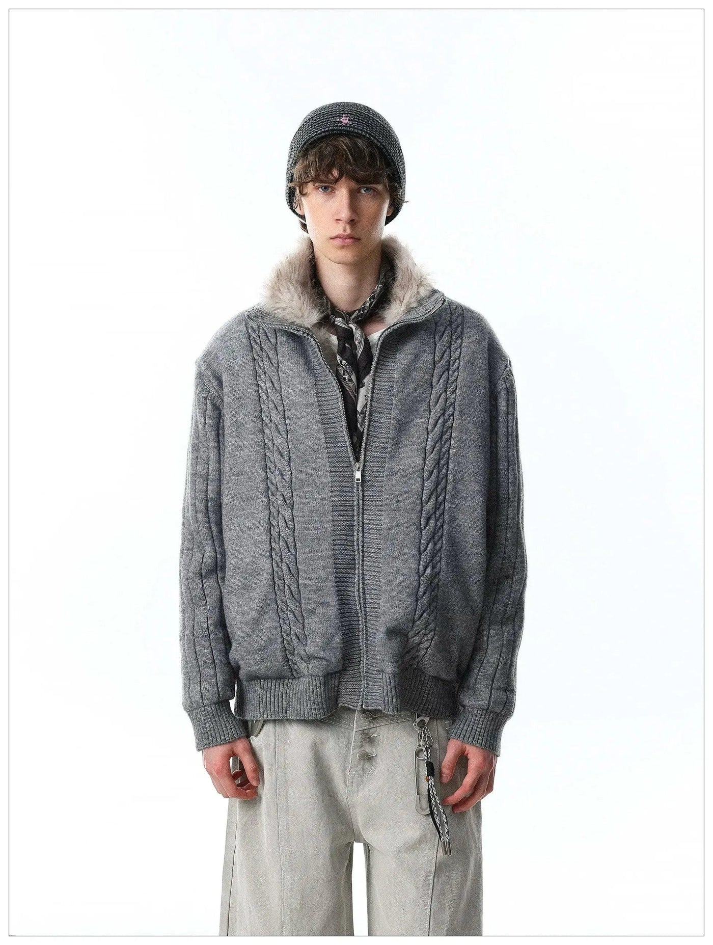 Faux Fur Lined Zipped Knit Jacket