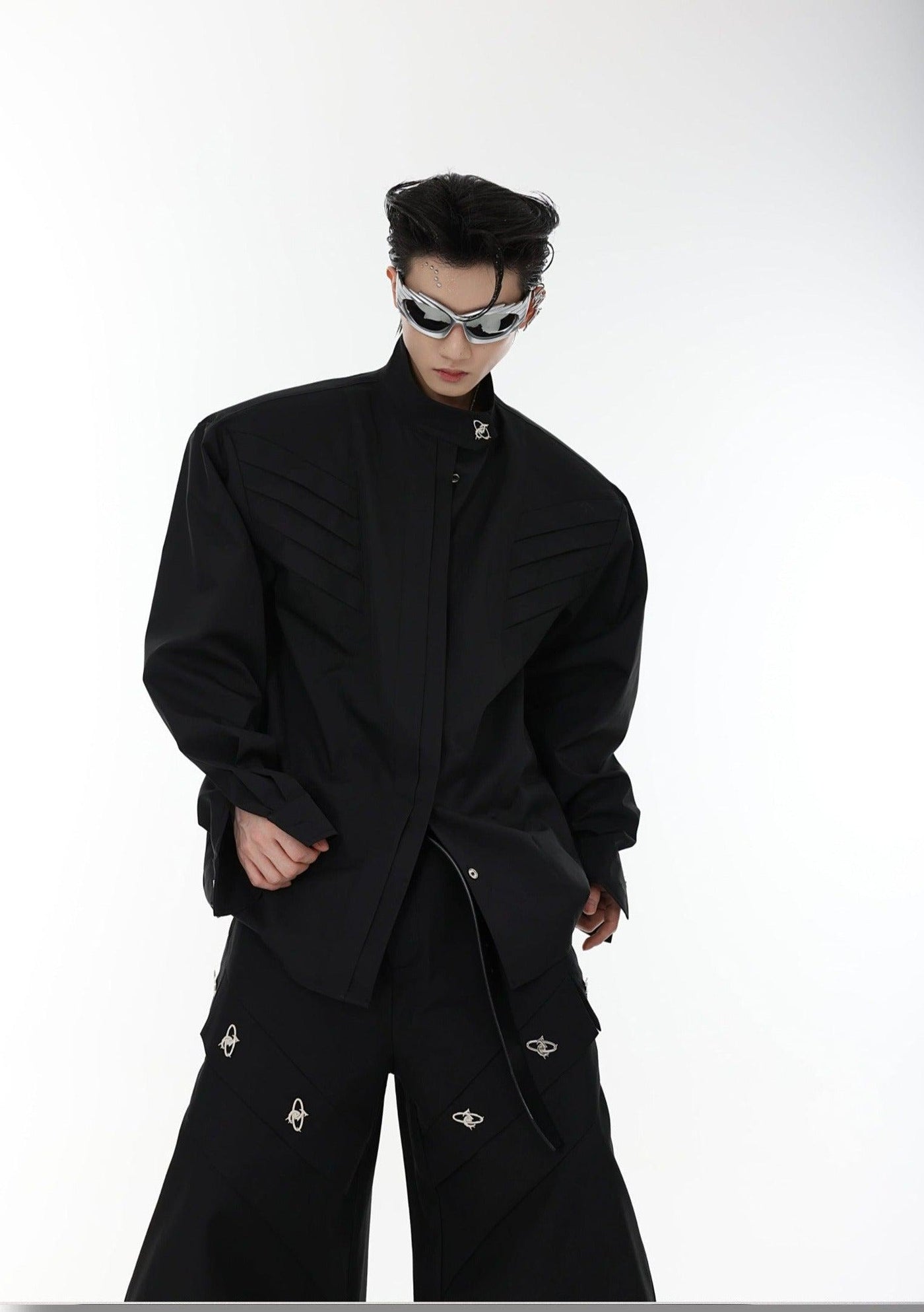 Metallic Stand Collar Long Sleeve Shirt