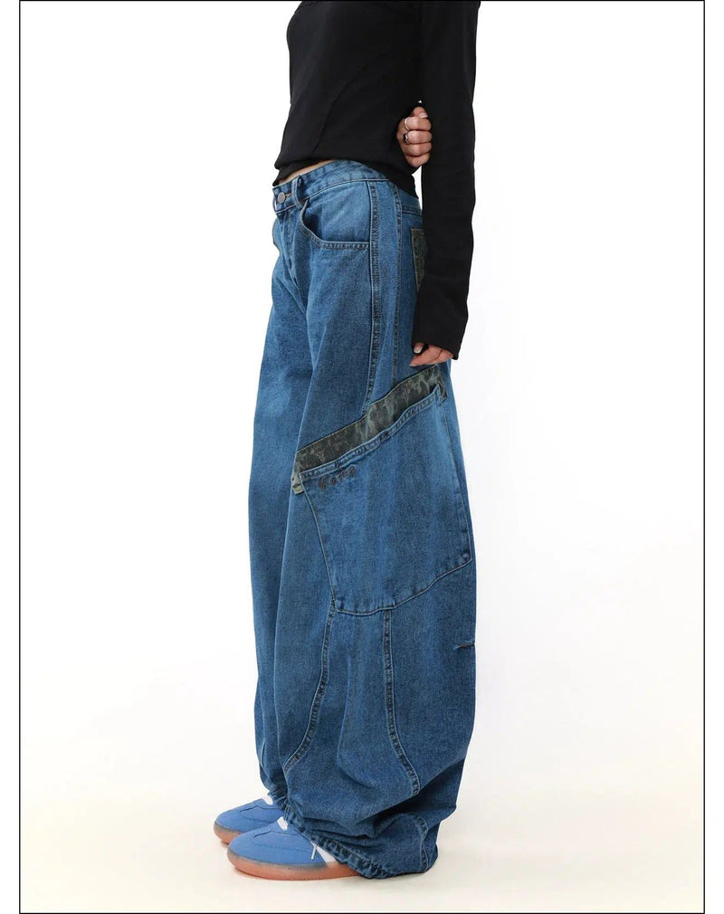 Multi-Pocket Leopard Print Baggy Jeans