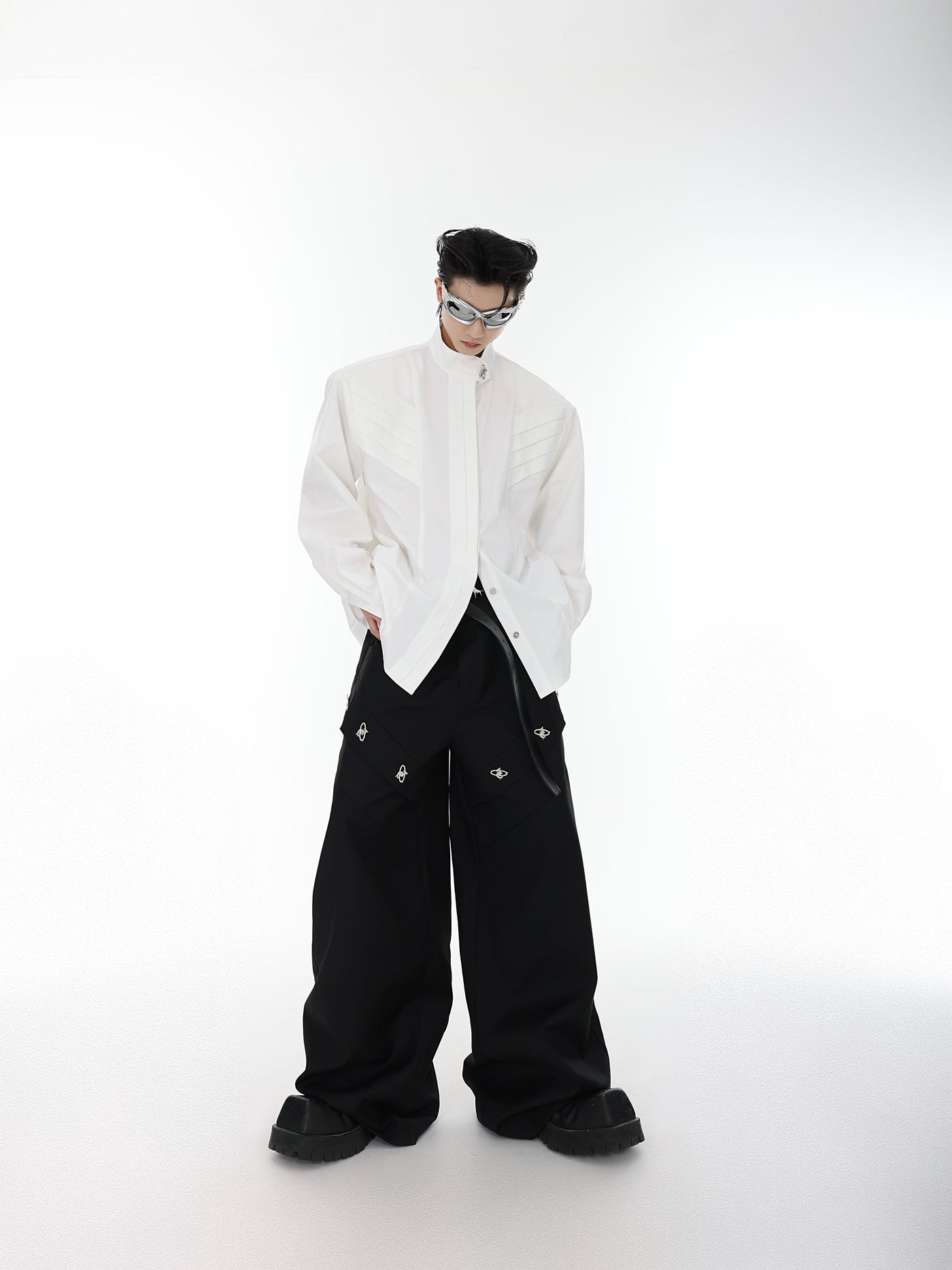 Metallic Stand Collar Long Sleeve Shirt