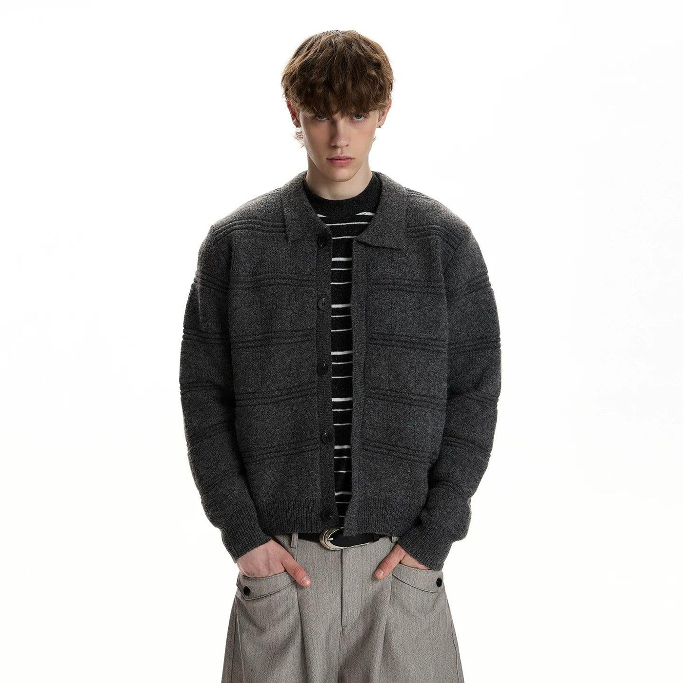 Thin Line Patterned Collared Cardigan