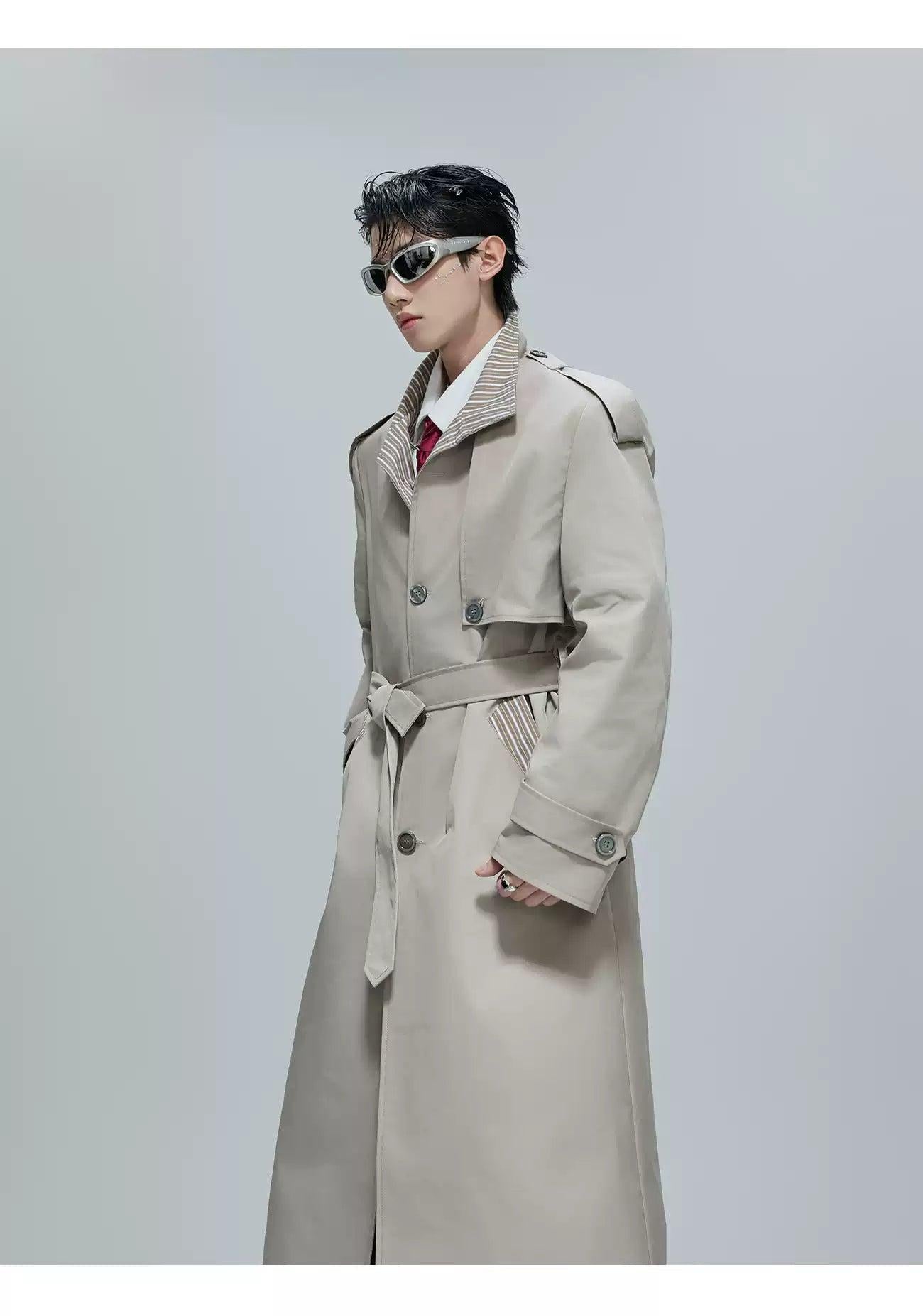 Striped Lining Belted Overcoat